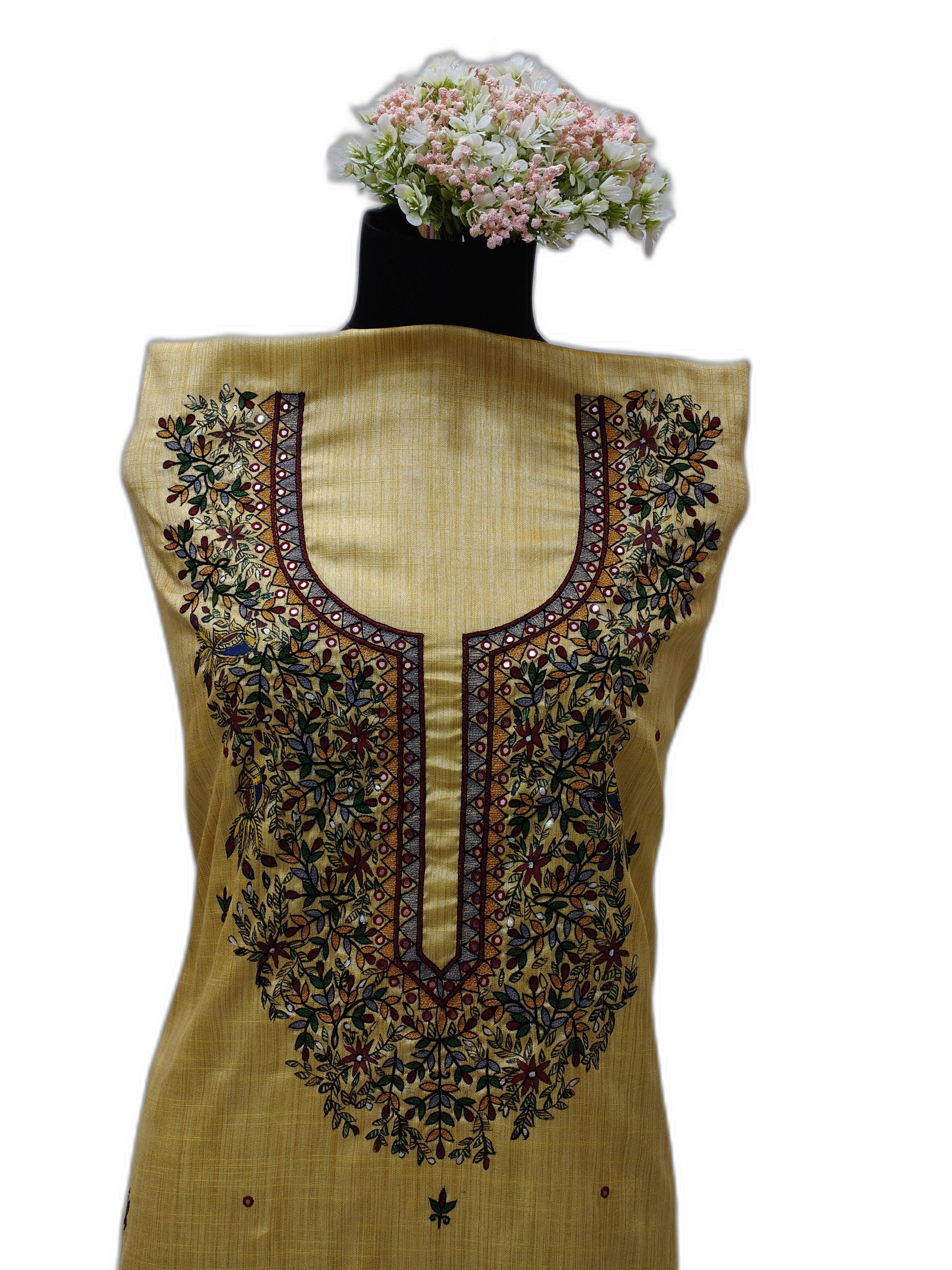 Hand-Painted Madhubani Unstitched Khadi Suit Set with Tussar Dupatta